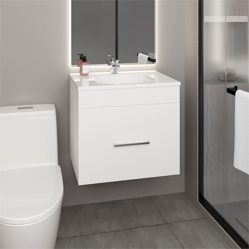 Pemberly Row One Door Bathroom Vanity with 2 Drawers in White