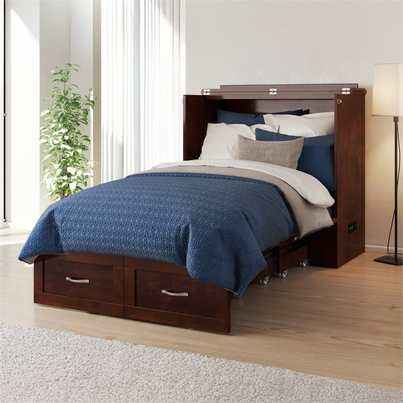 Pemberly Row Twin XL Murphy Bed Chest with Built-In Charger in Walnut