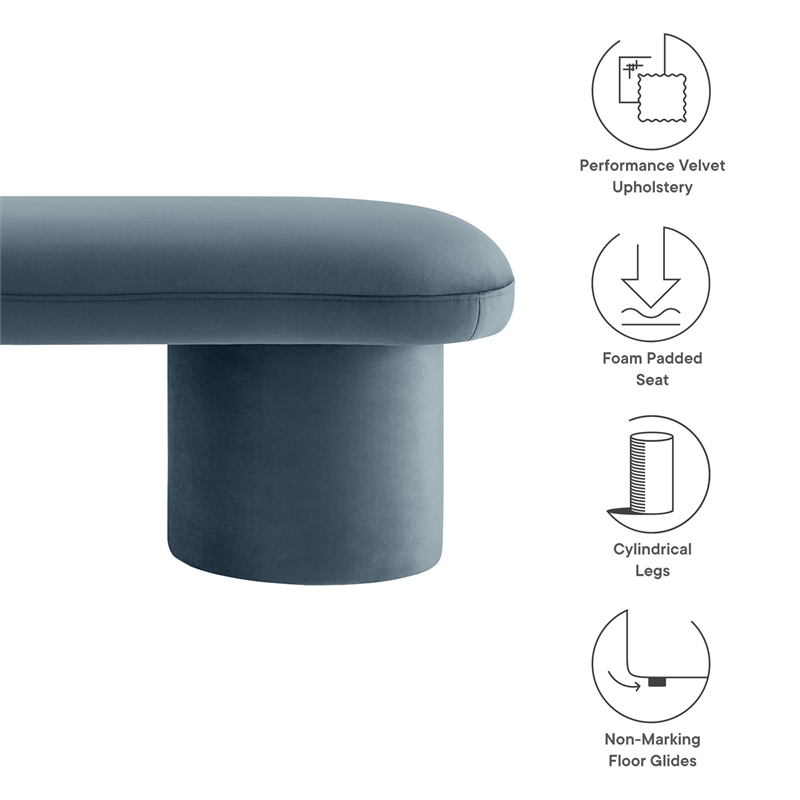 Pemberly Row Upholstered Velvet Bench in Cadet Blue with Cylindrical Legs