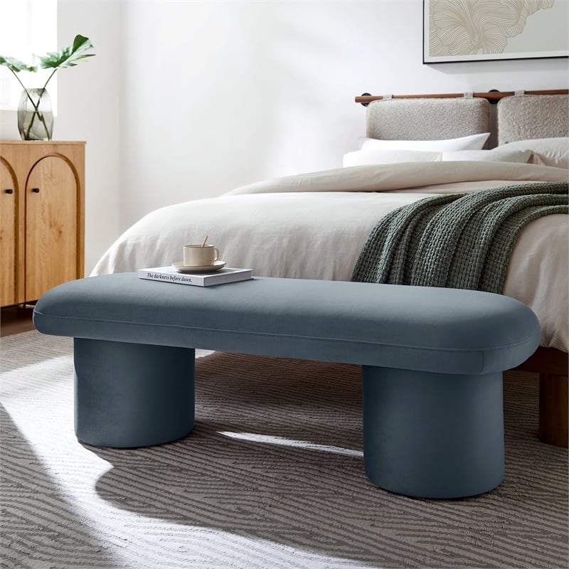 Pemberly Row Upholstered Velvet Bench in Cadet Blue with Cylindrical Legs