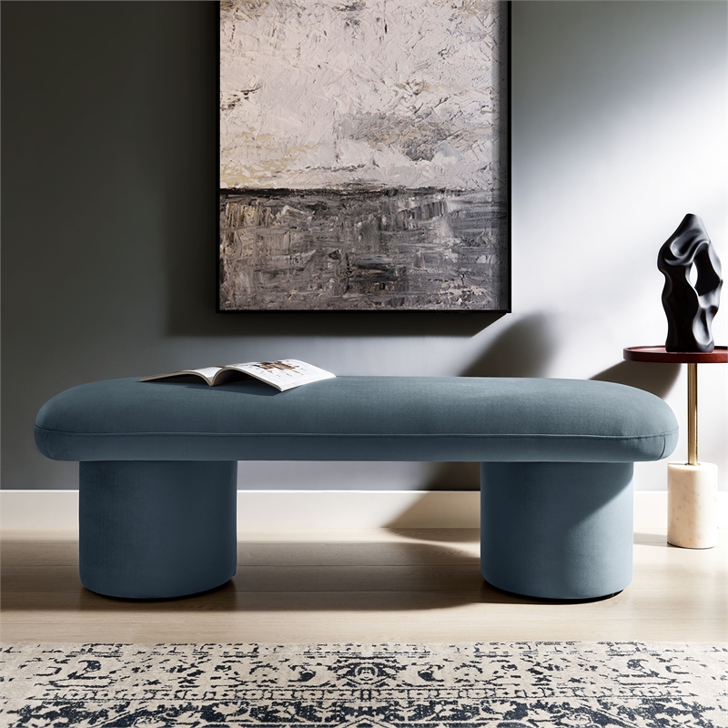 Pemberly Row Upholstered Velvet Bench in Cadet Blue with Cylindrical Legs