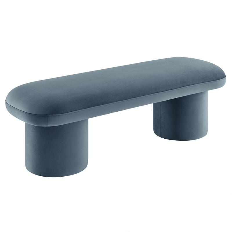 Pemberly Row Upholstered Velvet Bench in Cadet Blue with Cylindrical Legs