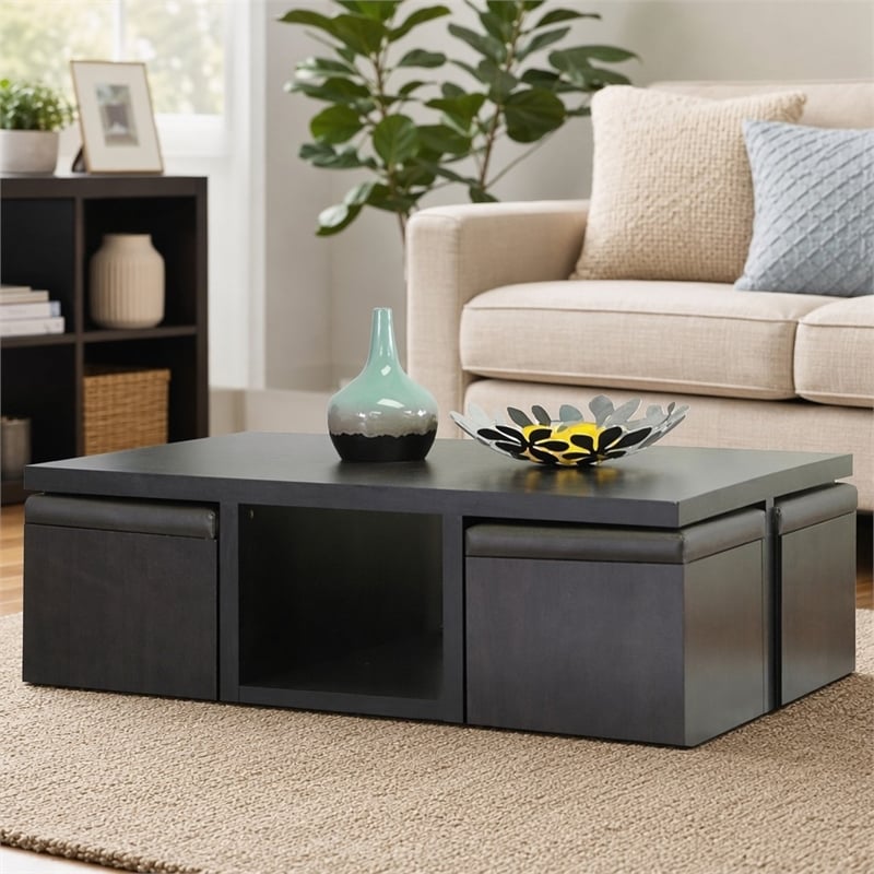 Pemberly Row Table and Stool Set with Hidden Storage in Dark Brown