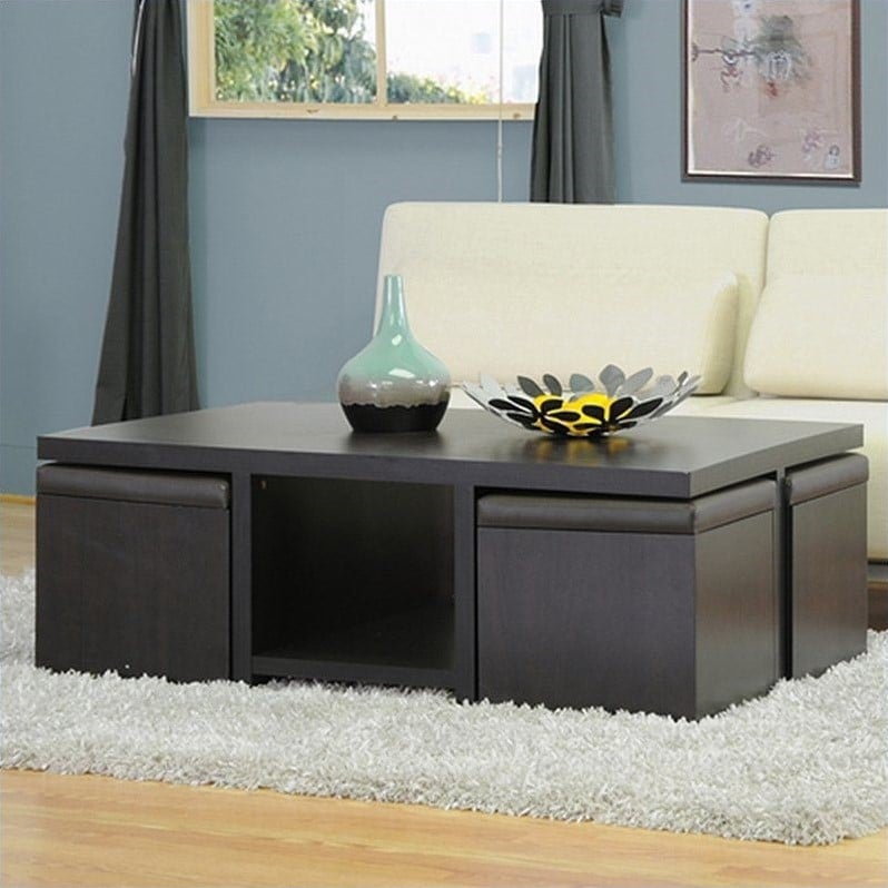 Pemberly Row Table and Stool Set with Hidden Storage in Dark Brown