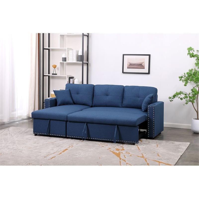 Pemberly Row Reversible Sleeper Sofa with Storage and Cup Holders in Blue