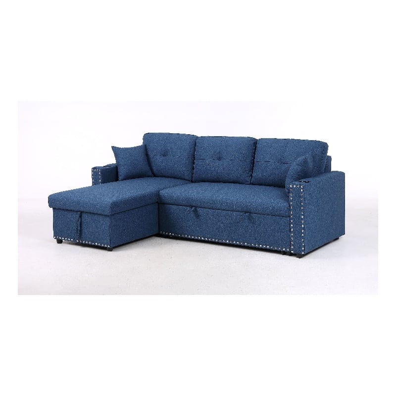 Pemberly Row Reversible Sleeper Sofa with Storage and Cup Holders in Blue