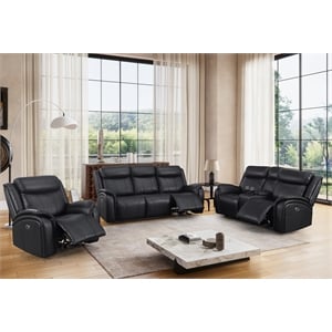 Pemberly Row Leather 3-Piece Power Recliner Home Theater Sofa Set in Black