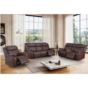 Pemberly Row Leather 3-Piece Power Recliner Home Theater Sofa Set in Brown