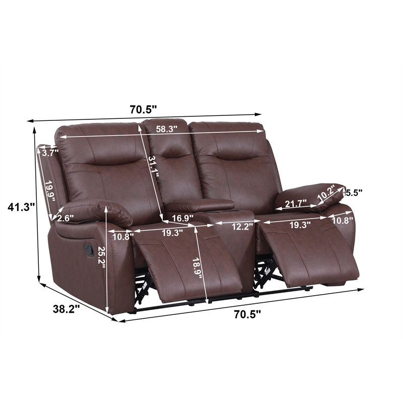 Pemberly Row Faux Leather Recliner Loveseat with Drink Holder in Brown