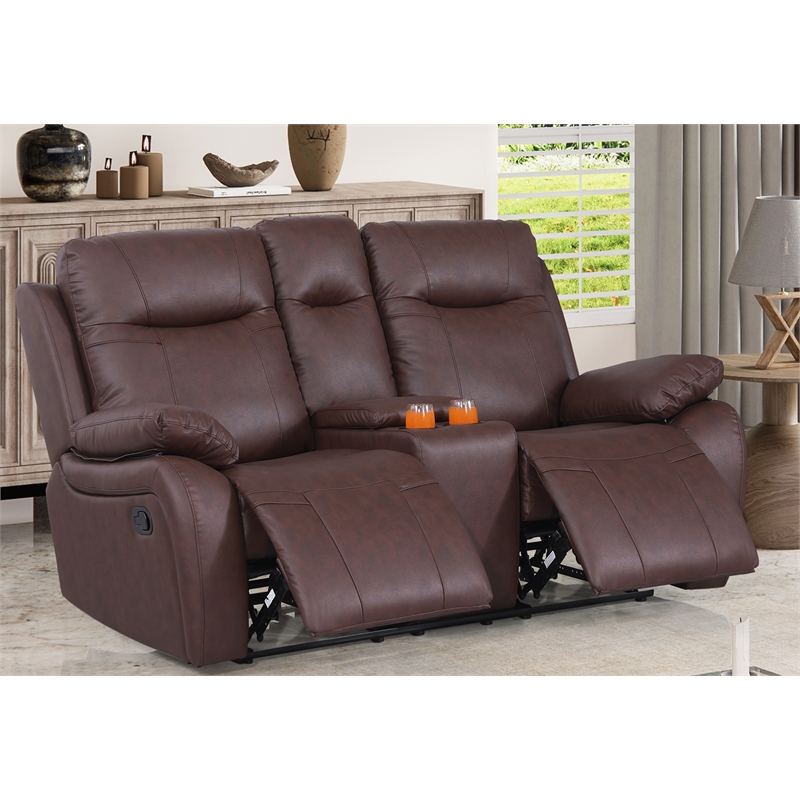 Pemberly Row Faux Leather Recliner Loveseat with Drink Holder in Brown