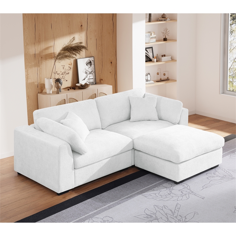 Pemberly Row Polyester Upholstered Sectional Loveseat with Ottoman in White