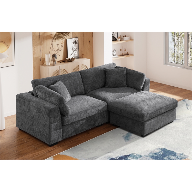 Pemberly Row Polyester Sectional Loveseat with Ottoman in Dark Gray