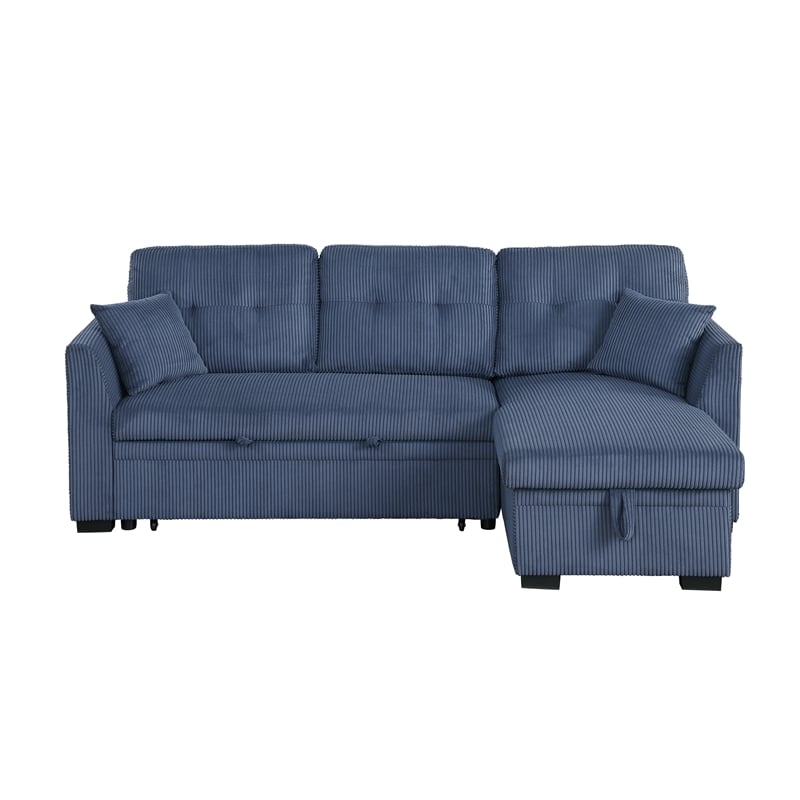 Pemberly Row Corduroy Sleeper Sofa Bed with Storage Chaise in Blue