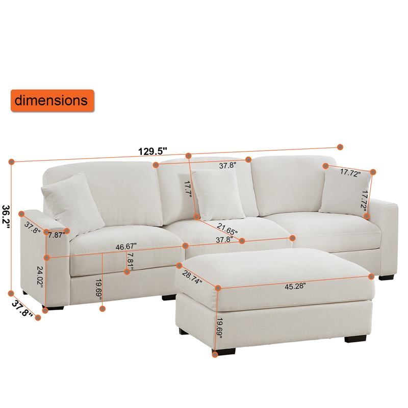 Pemberly Row Chenille 3-Seat Modular Sectional Sofa with Chaise in White