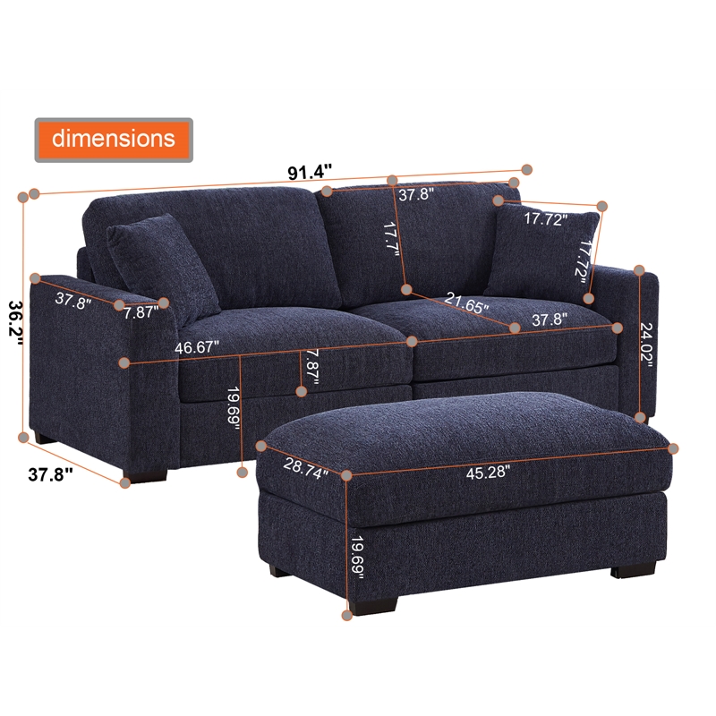 Pemberly Row Chenille Modular Loveseat with Ottoman Chaise in Blue
