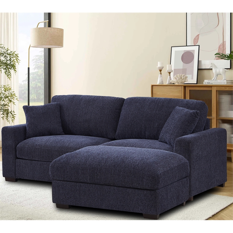 Pemberly Row Chenille Modular Loveseat with Ottoman Chaise in Blue