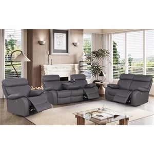 Pemberly Row Leather 3-Piece Power Recliner Sofa Set with USB in Gray