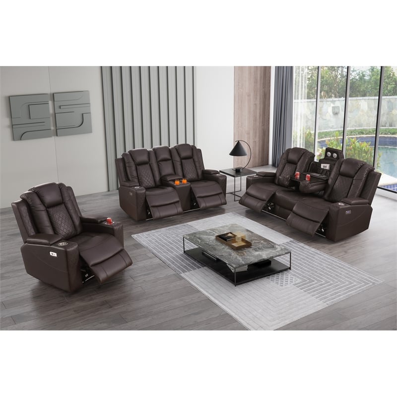 Pemberly Row Faux Leather Recliner with Cup Holder Speaker & USB in Brown