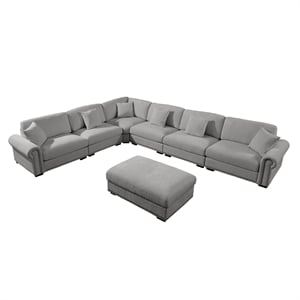 Pemberly Row Polyester 6-Seat Sectional Sofa with Ottoman in Light Gray
