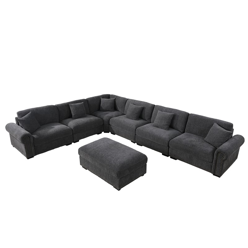 Pemberly Row Polyester 6-Seat Sectional Sofa with Ottoman in Dark Gray
