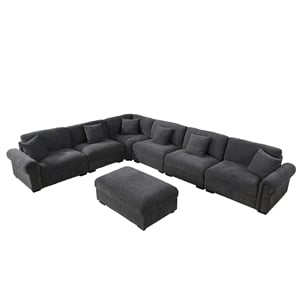 Pemberly Row Polyester 6-Seat Sectional Sofa with Ottoman in Dark Gray