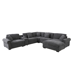 Pemberly Row Sectional Sofa with Ottoman Cup Holder & Charger in Dark Gray