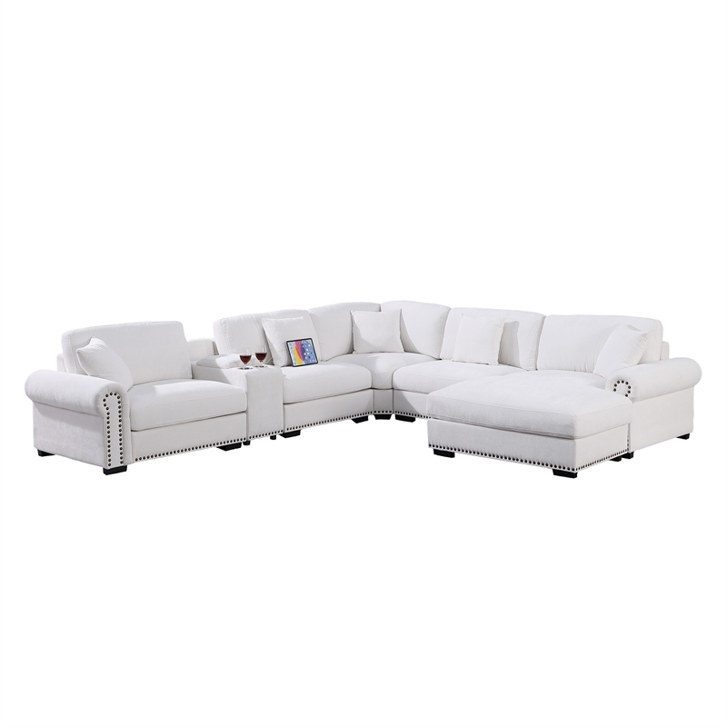 Pemberly Row Sectional Sofa with Ottoman Cup Holder & Charger in White
