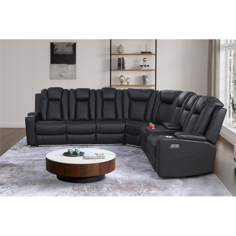 Pemberly Row Faux Leather Recliner with Cup Holder Speaker & USB in Black
