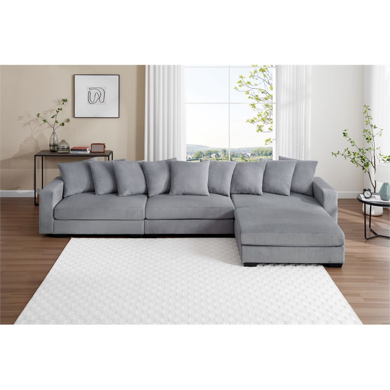 Pemberly Row Polyester Sectional Comfy Sofa with Ottoman in Light Gray