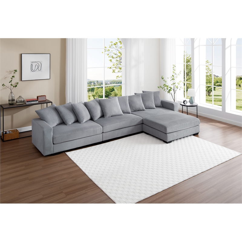 Pemberly Row Polyester Sectional Comfy Sofa with Ottoman in Light Gray