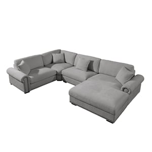 Pemberly Row Polyester 4-Seat Sectional Sofa with Ottoman in Light Gray