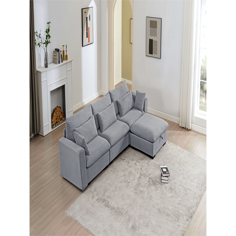 Pemberly Row Corduroy Sectional Sofa with Storage Ottoman in Light Gray