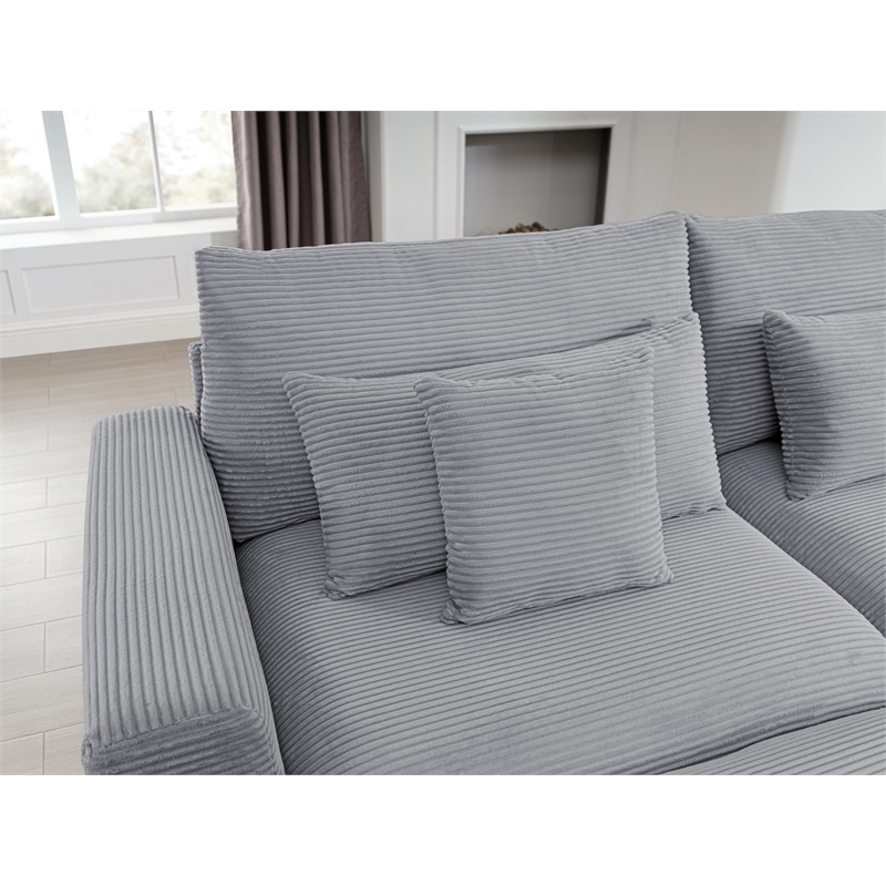 Pemberly Row Corduroy Sectional Sofa with Storage Ottoman in Light Gray