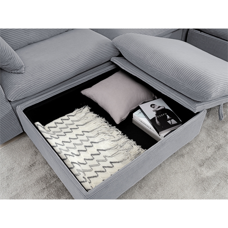 Pemberly Row Corduroy Sectional Sofa with Storage Ottoman in Light Gray