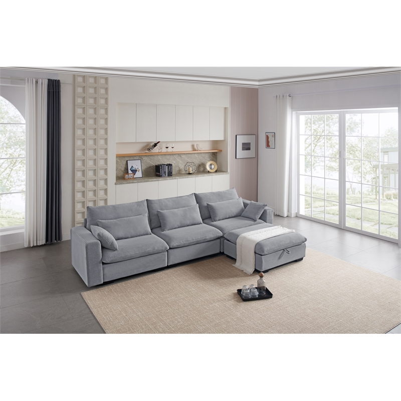 Pemberly Row Corduroy Sectional Sofa with Storage Ottoman in Light Gray