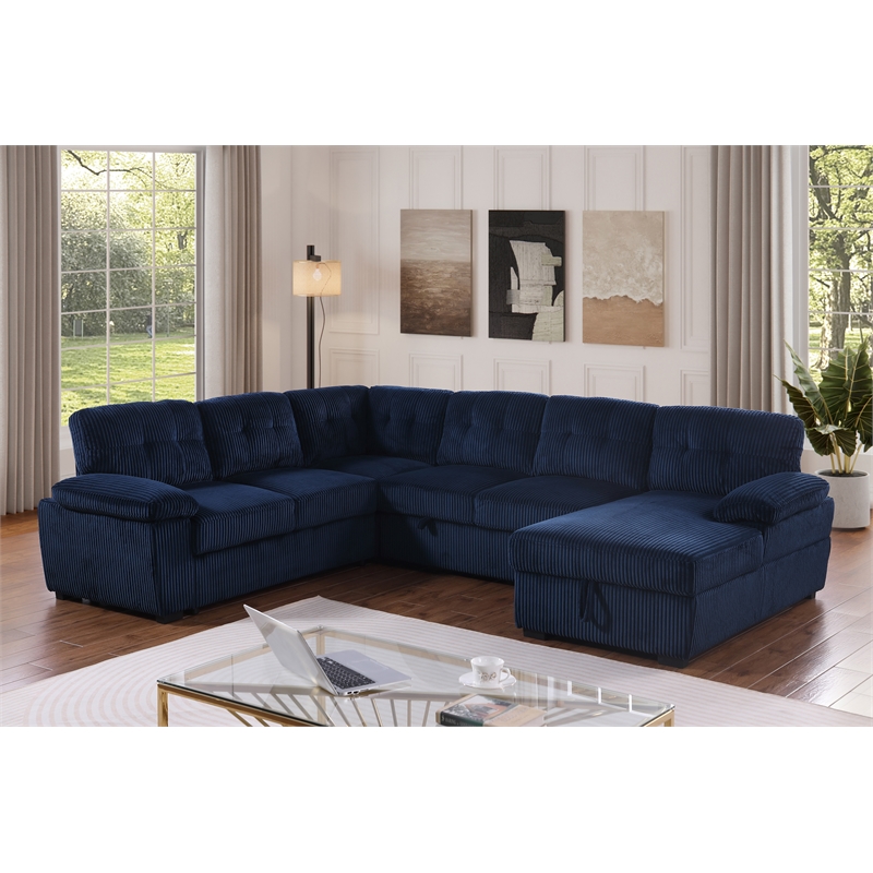 Pemberly Row Corduroy Sleeper Sofa Bed with Storage Chaise in Blue