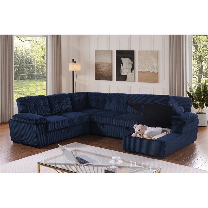 Pemberly Row Corduroy Sleeper Sofa Bed with Storage Chaise in Blue