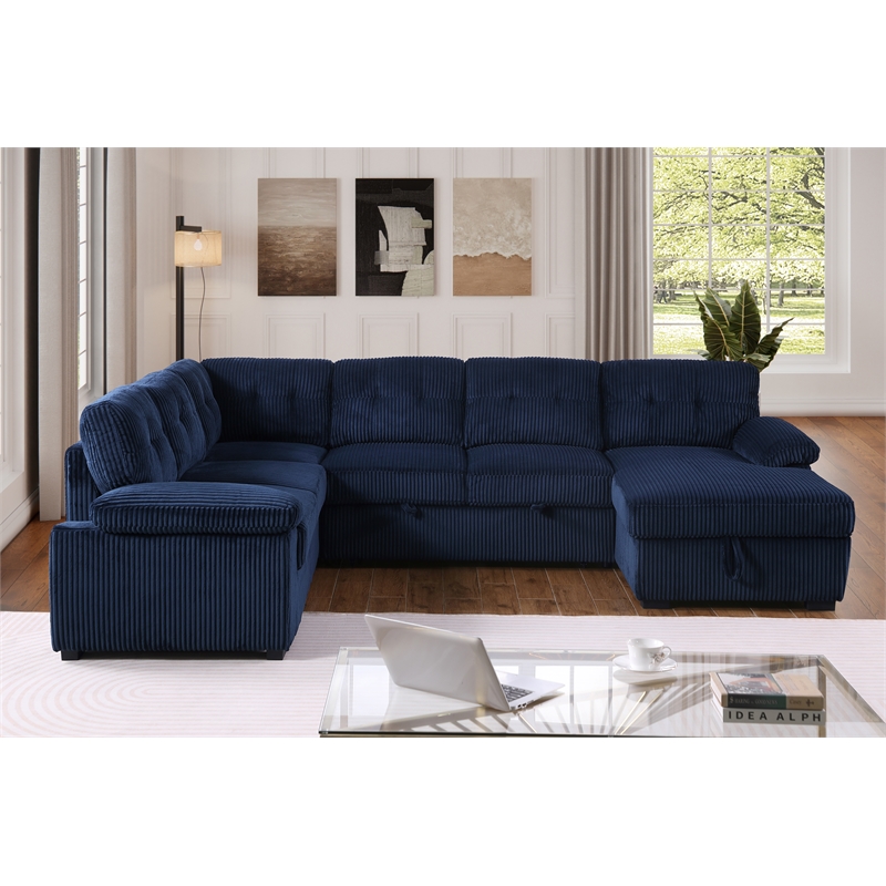 Pemberly Row Corduroy Sleeper Sofa Bed with Storage Chaise in Blue