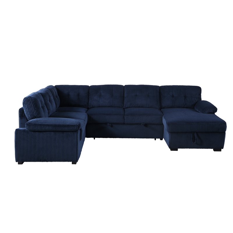 Pemberly Row Corduroy Sleeper Sofa Bed with Storage Chaise in Blue