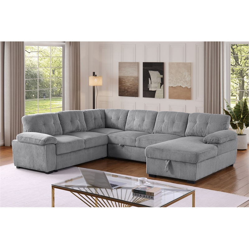 Pemberly Row Corduroy Sleeper Sofa Bed with Storage Chaise in Light Gray