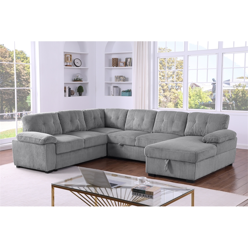 Pemberly Row Corduroy Sleeper Sofa Bed with Storage Chaise in Light Gray