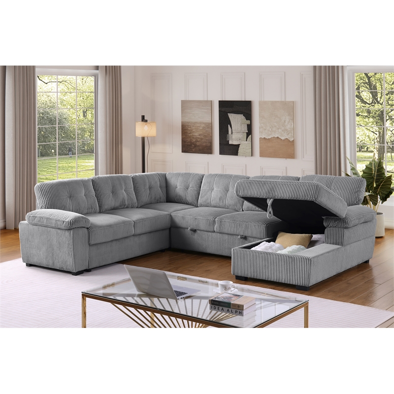 Pemberly Row Corduroy Sleeper Sofa Bed with Storage Chaise in Light Gray