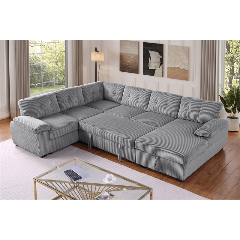 Pemberly Row Corduroy Sleeper Sofa Bed with Storage Chaise in Light Gray