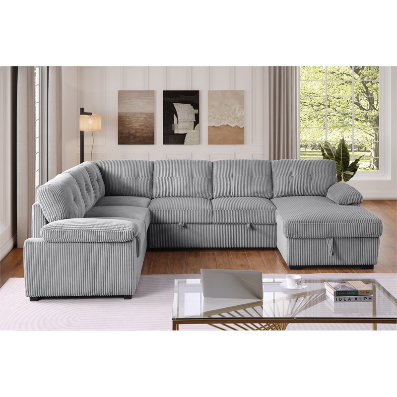Pemberly Row Corduroy Sleeper Sofa Bed with Storage Chaise in Light Gray