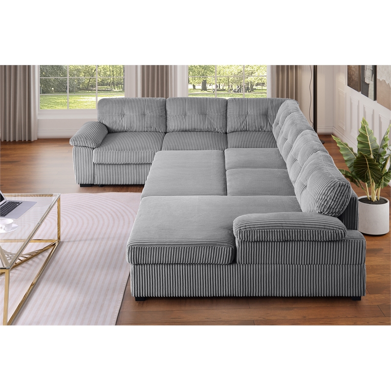 Pemberly Row Corduroy Sleeper Sofa Bed with Storage Chaise in Light Gray