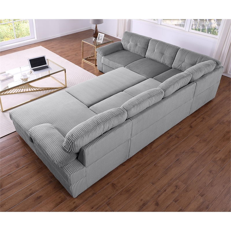 Pemberly Row Corduroy Sleeper Sofa Bed with Storage Chaise in Light Gray