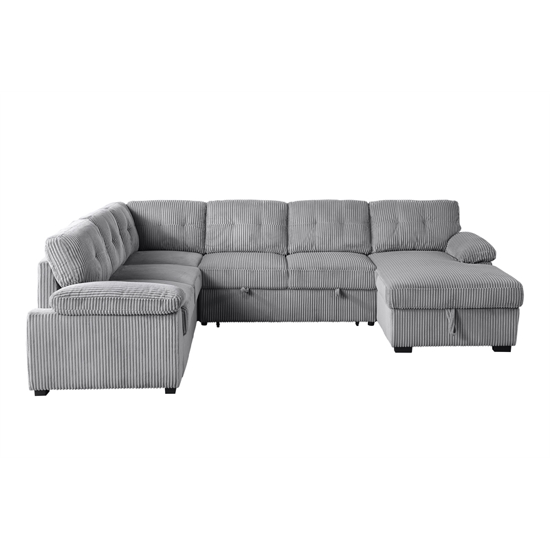 Pemberly Row Corduroy Sleeper Sofa Bed with Storage Chaise in Light Gray