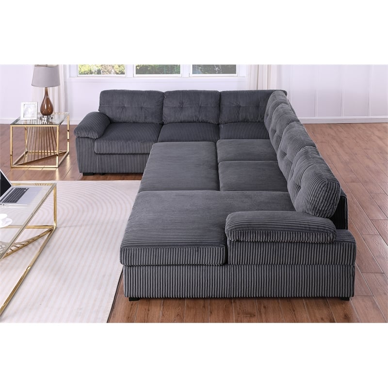Pemberly Row Corduroy Sleeper Sofa Bed with Storage Chaise in Dark Gray