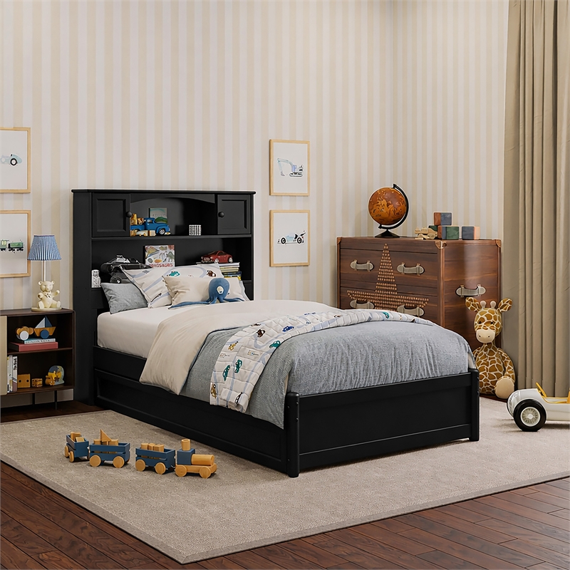 Pemberly Row Twin Wood Platform Bed with Twin Trundle in Black