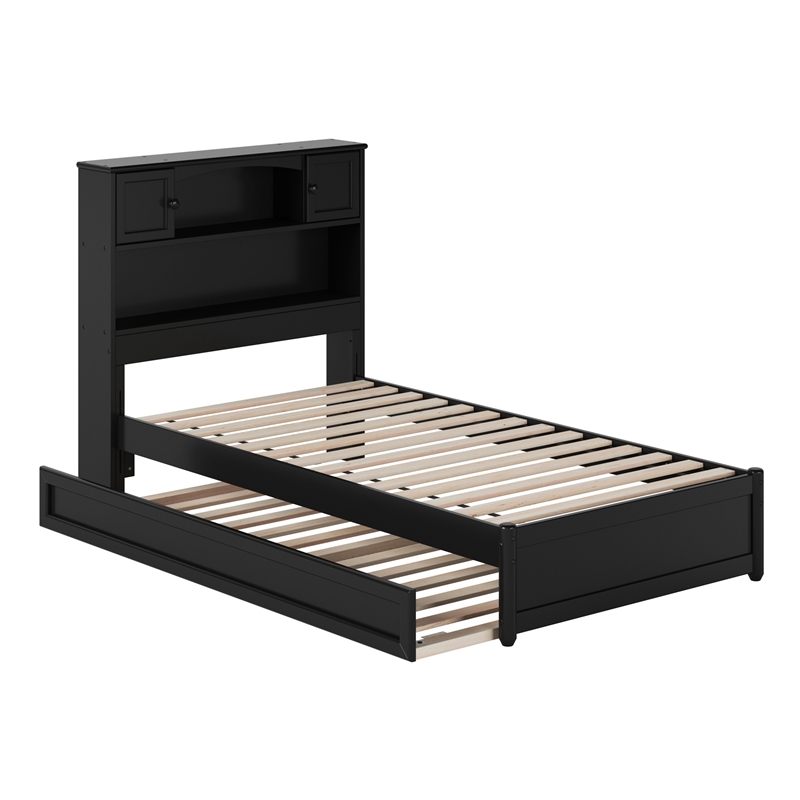 Pemberly Row Twin Wood Platform Bed with Twin Trundle in Black